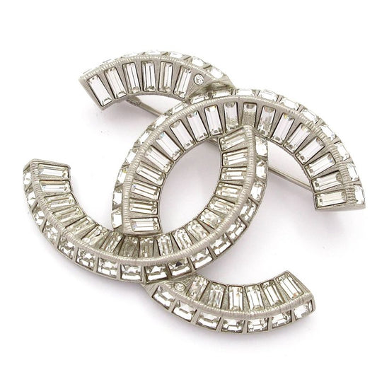 Chanel Brooch Beautiful Coco Mark Silver And Clear