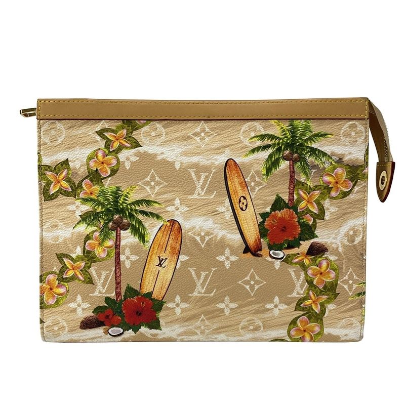 Louis Vuitton Clutch Bag Surf Monogram Beautiful Pochette Voyage M83465 Sand