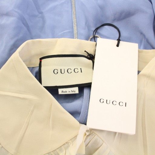 Gucci '17 Blouse Silk Short Sleeves Ruffle 44 Blue White 476149 TK