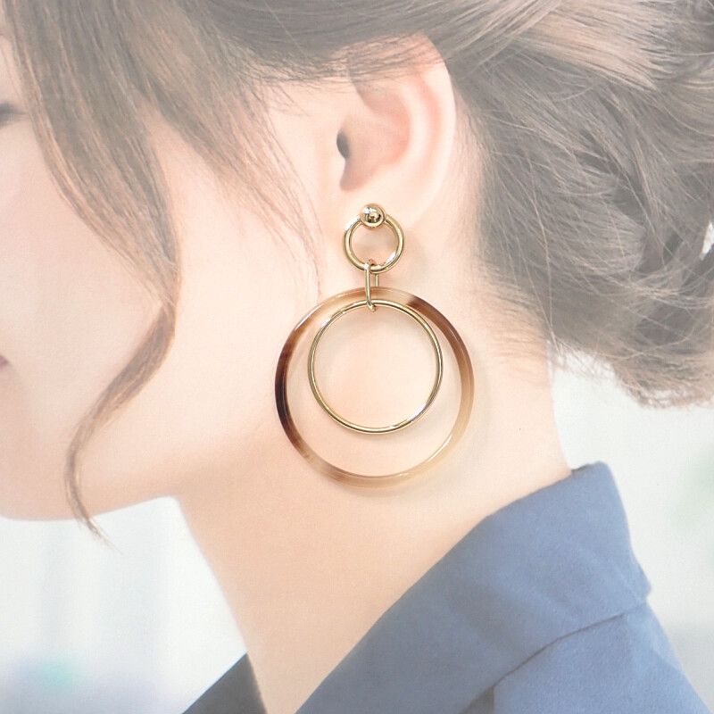 Hermes Amulet Duo Earrings Metal Buffalo Horn Brown Gold Ladies [grade A