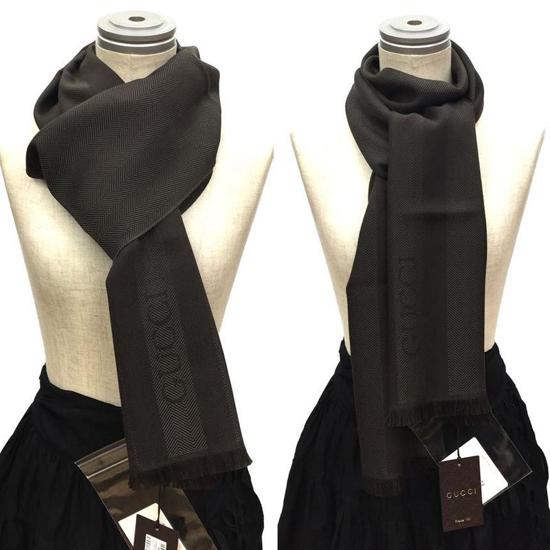 Gucci Herringbone Scarf 544628 Brown Wool Shawl Men Women Never Used Aq5618