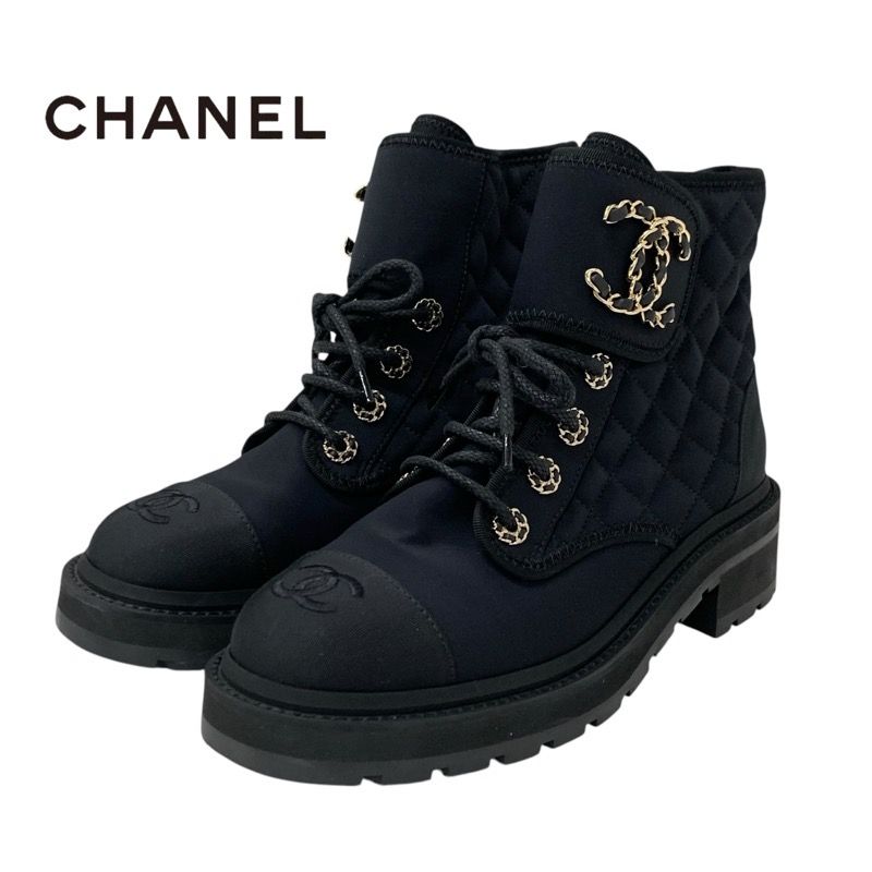 Chanel Boots Short Boots Shoes Fabric Black Gold Matelasse Here Mark Lace Up