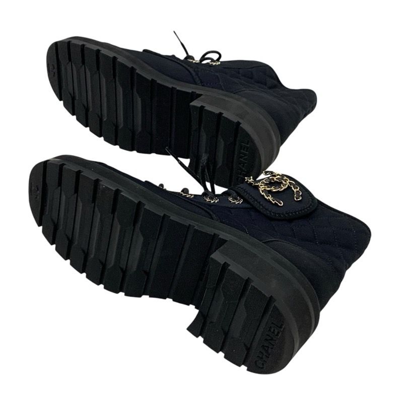 Chanel Boots Short Boots Shoes Fabric Black Gold Matelasse Here Mark Lace Up