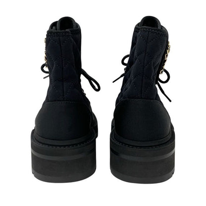 Chanel Boots Short Boots Shoes Fabric Black Gold Matelasse Here Mark Lace Up