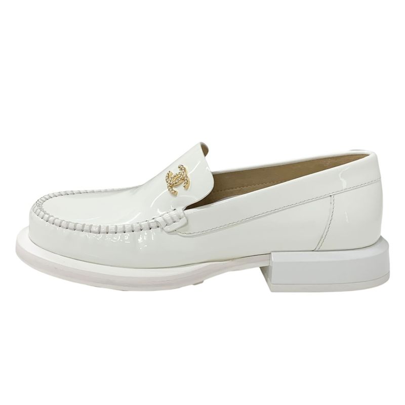 Chanel Loafers Leather Shoes Patent White Gold Here Mark Pearl