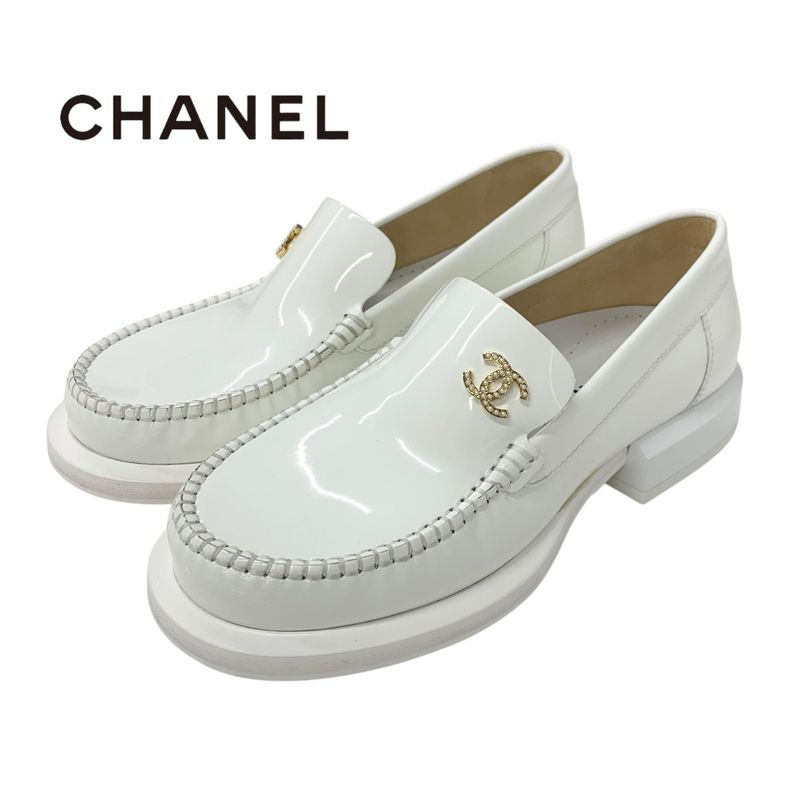Chanel Loafers Leather Shoes Patent White Gold Here Mark Pearl