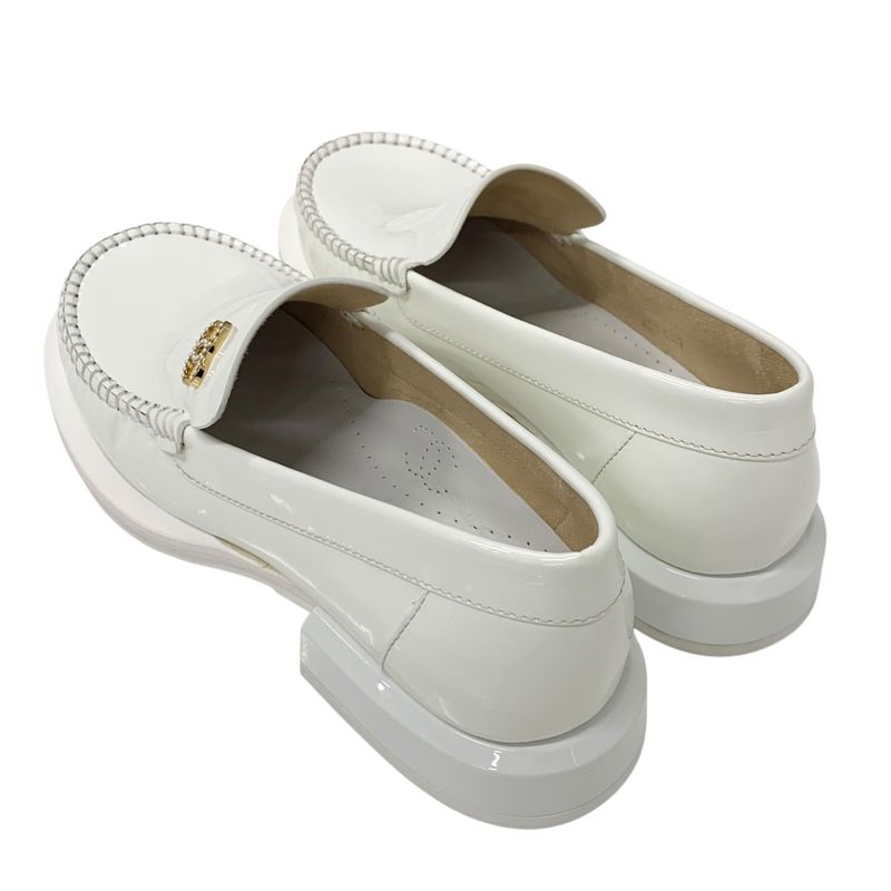 Chanel Loafers Leather Shoes Patent White Gold Here Mark Pearl