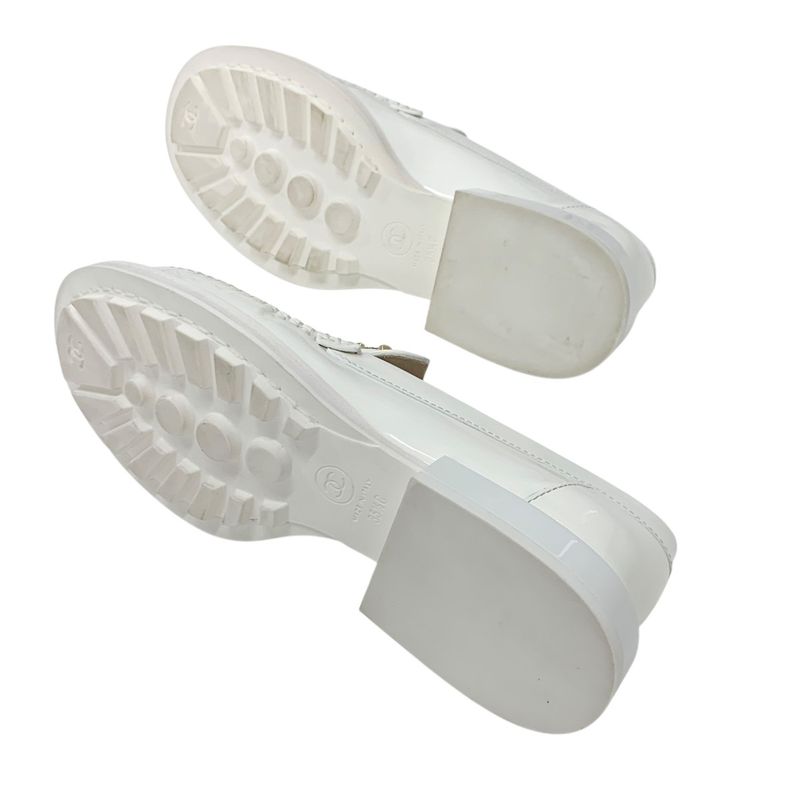 Chanel Loafers Leather Shoes Patent White Gold Here Mark Pearl