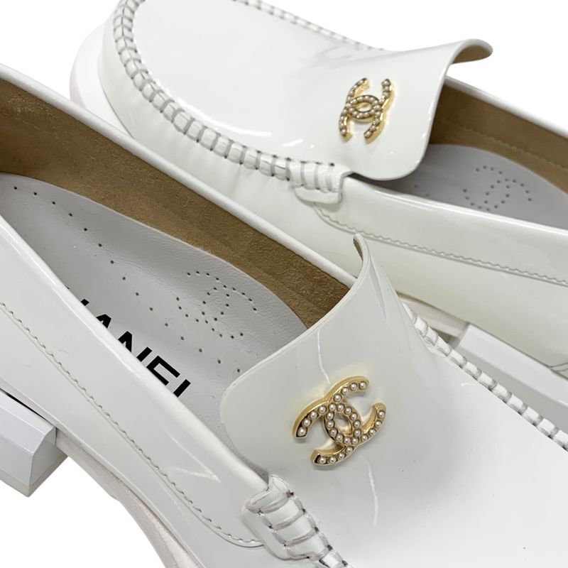 Chanel Loafers Leather Shoes Patent White Gold Here Mark Pearl