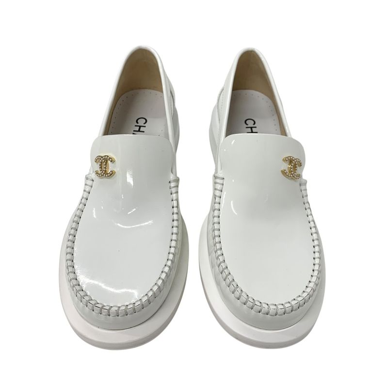 Chanel Loafers Leather Shoes Patent White Gold Here Mark Pearl