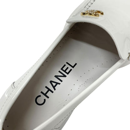 Chanel Loafers Leather Shoes Patent White Gold Here Mark Pearl