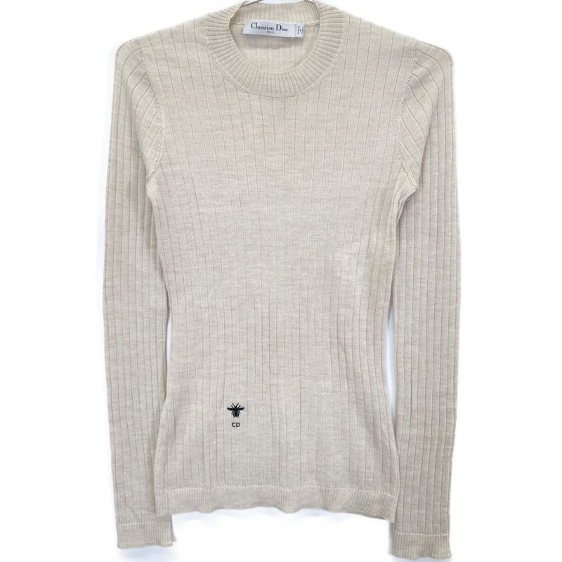 Christian DIOR 844s81am115 Beige Cashmere Silk BEE Embroidered Crewneck Knit 34