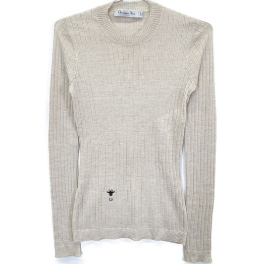 Christian DIOR 844s81am115 Beige Cashmere Silk BEE Embroidered Crewneck Knit 34