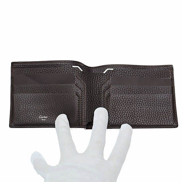 Cartier Saddle Stitch Leather Bifold Billfold Card Case Wallet Brown Brand