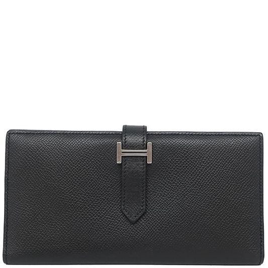 Hermes Long Wallet Bearn Souffle Vaux Epson Black Silver Hardware Black Bifold