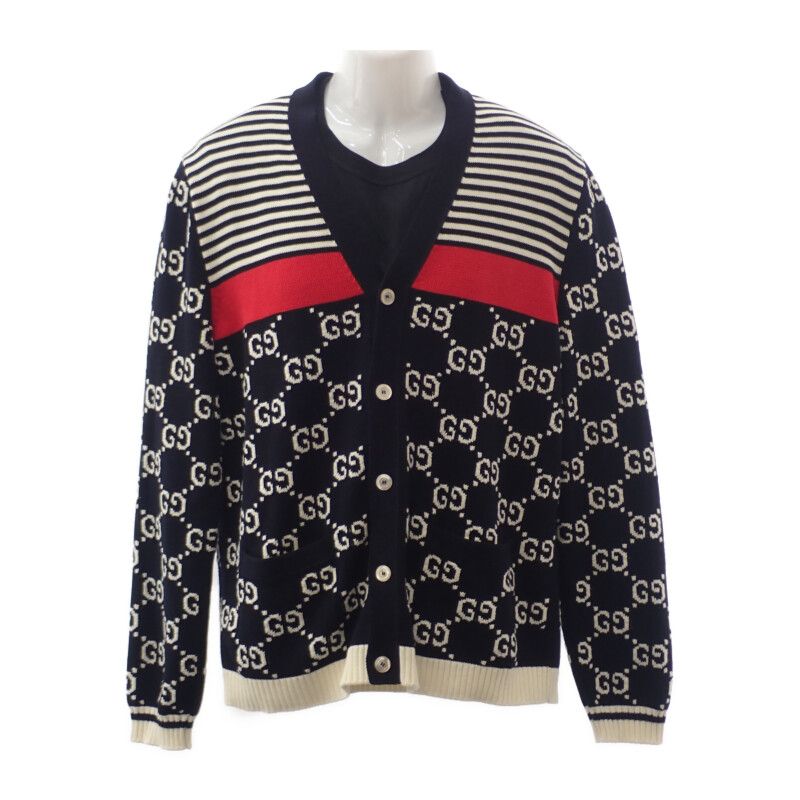 Gucci Striped GG Jacquard 523048_x9107 Cardigan Cotton Navy Men Casual [A Rank