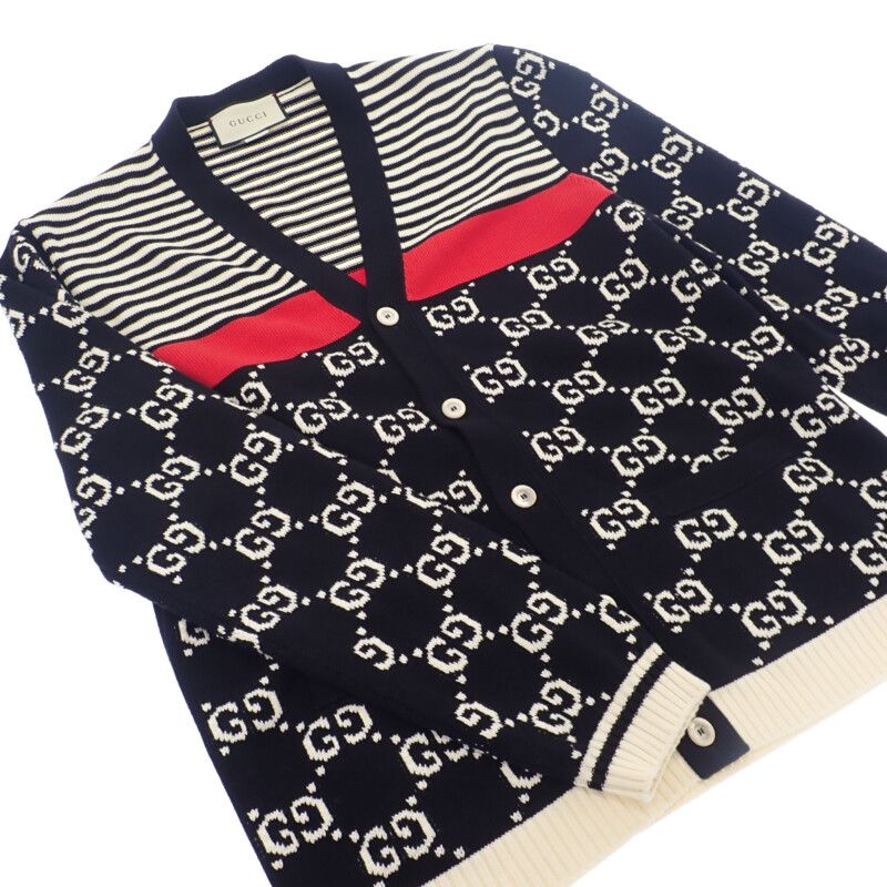 Gucci Striped GG Jacquard 523048_x9107 Cardigan Cotton Navy Men Casual [A Rank