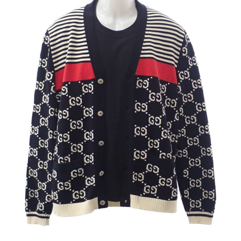 Gucci Striped GG Jacquard 523048_x9107 Cardigan Cotton Navy Men Casual [A Rank