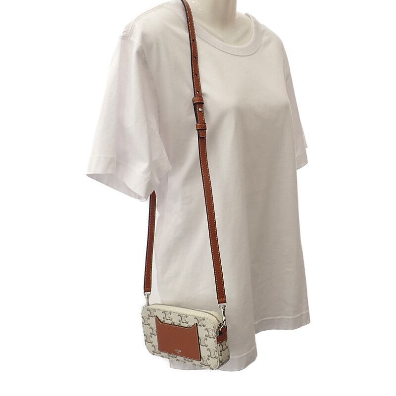 Celine Triomphe Horizontal Pouch 10l272dm5.04le Shoulder Bag Canvas Leather Tan
