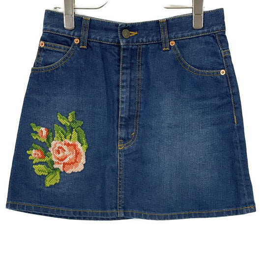 Gucci 456973 Blue Rose Embroidered Denim Mini Skirt 40