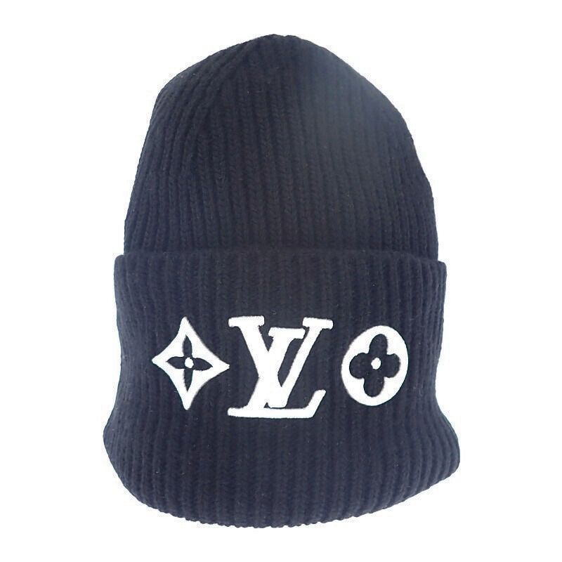 Louis Vuitton Beanie LV Headline M77872 Knit Cap Wool Black Noir Black Women