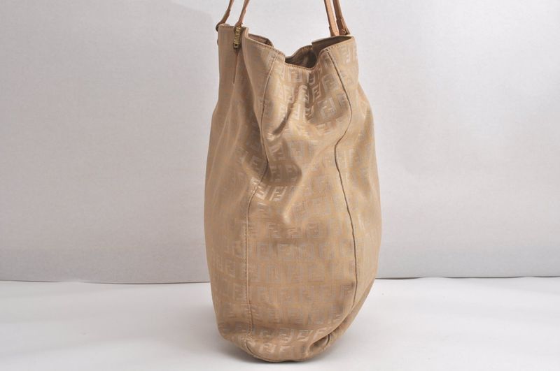 Fendi Vintage Zucchino Pattern Hand Tote Bag Canvas Leather Beige 4350n