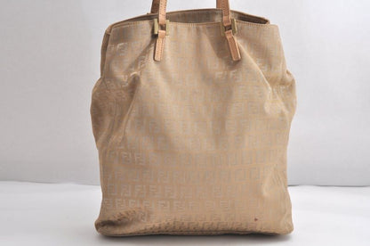 Fendi Vintage Zucchino Pattern Hand Tote Bag Canvas Leather Beige 4350n