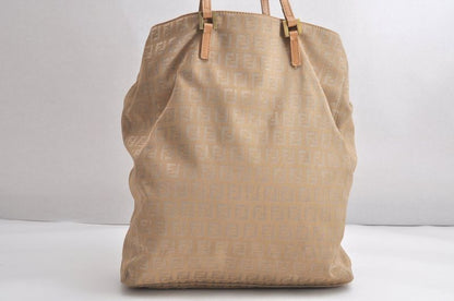 Fendi Vintage Zucchino Pattern Hand Tote Bag Canvas Leather Beige 4350n