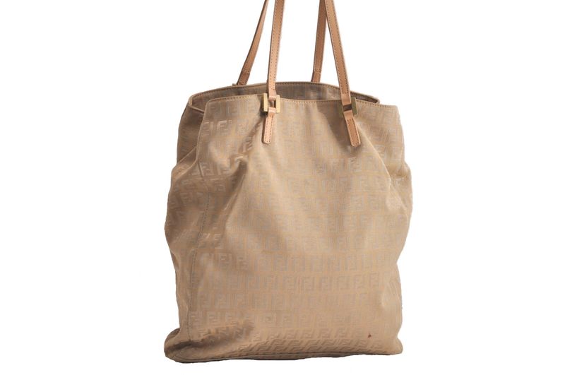 Fendi Vintage Zucchino Pattern Hand Tote Bag Canvas Leather Beige 4350n