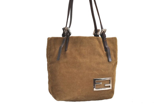 Fendi Vintage Shoulder Handbag Purse Corduroy Leather Brown 4351n