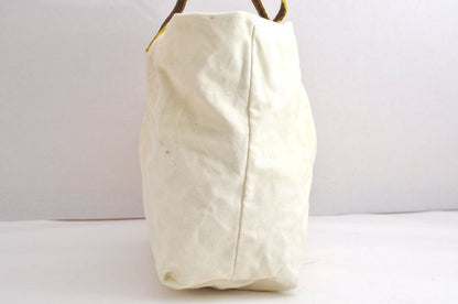 Fendi Vintage Canvas Leather Python Motif Shoulder Tote Bag White 4365n