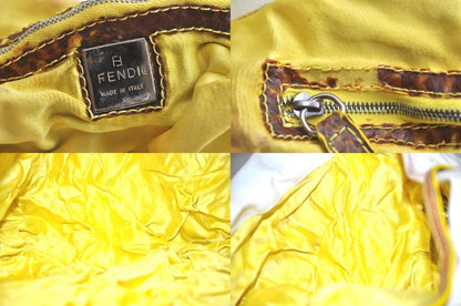 Fendi Vintage Canvas Leather Python Motif Shoulder Tote Bag White 4365n