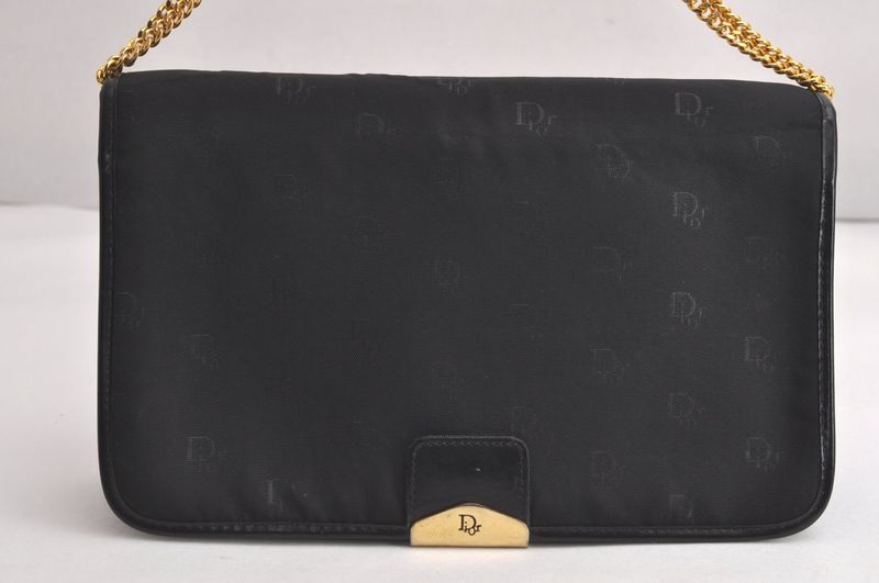 Christian DIOR Chain Shoulder Crossbody Bag Nylon Leather Black 4422n