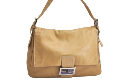 Fendi Mamma Baguette Shoulder Handbag Purse Leather Beige 4424n