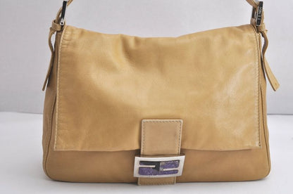 Fendi Mamma Baguette Shoulder Handbag Purse Leather Beige 4424n