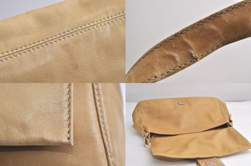Fendi Mamma Baguette Shoulder Handbag Purse Leather Beige 4424n