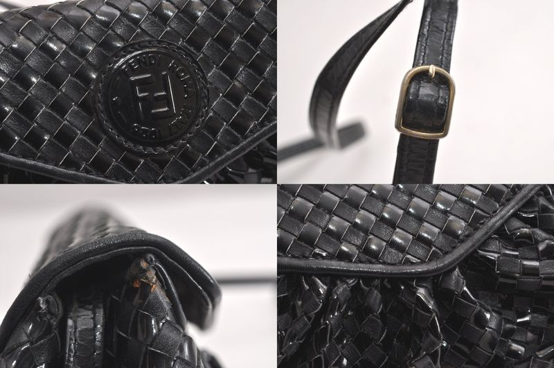Fendi Vintage Shoulder Crossbody Bag Purse Leather Enamel Black 4425n