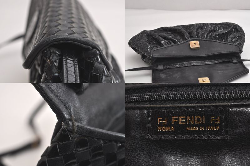 Fendi Vintage Shoulder Crossbody Bag Purse Leather Enamel Black 4425n