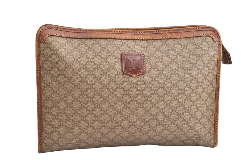 Celine Macadam Blazon Patterned Clutch Handbag Pvc Leather Beige 4432n