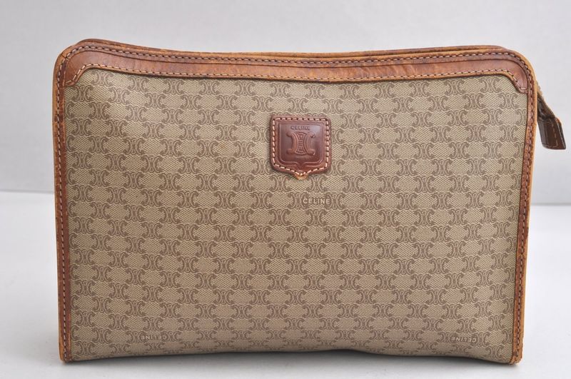 Celine Macadam Blazon Patterned Clutch Handbag Pvc Leather Beige 4432n