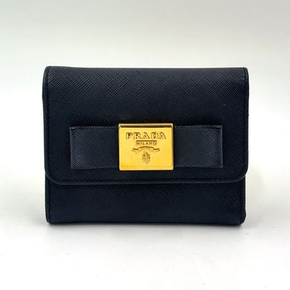 Prada Saffiano Trifold Saffiano Leather Black Wallet Gold
