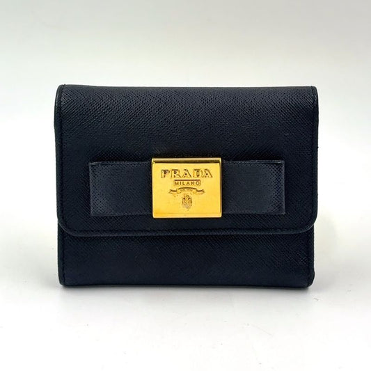 Prada Saffiano Trifold Saffiano Leather Black Wallet Gold