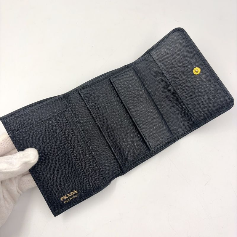 Prada Saffiano Trifold Saffiano Leather Black Wallet Gold