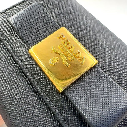 Prada Saffiano Trifold Saffiano Leather Black Wallet Gold