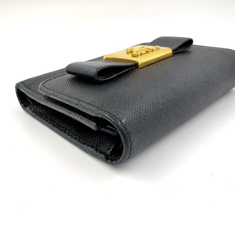 Prada Saffiano Trifold Saffiano Leather Black Wallet Gold