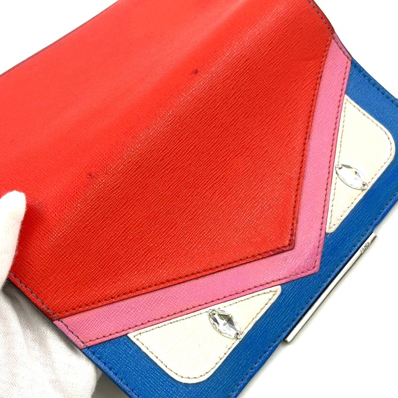 Fendi Bug's Eye Chain Wallet Leather Blue And Red Shoulder Bag Silver