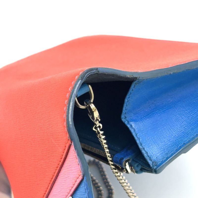 Fendi Bug's Eye Chain Wallet Leather Blue And Red Shoulder Bag Silver