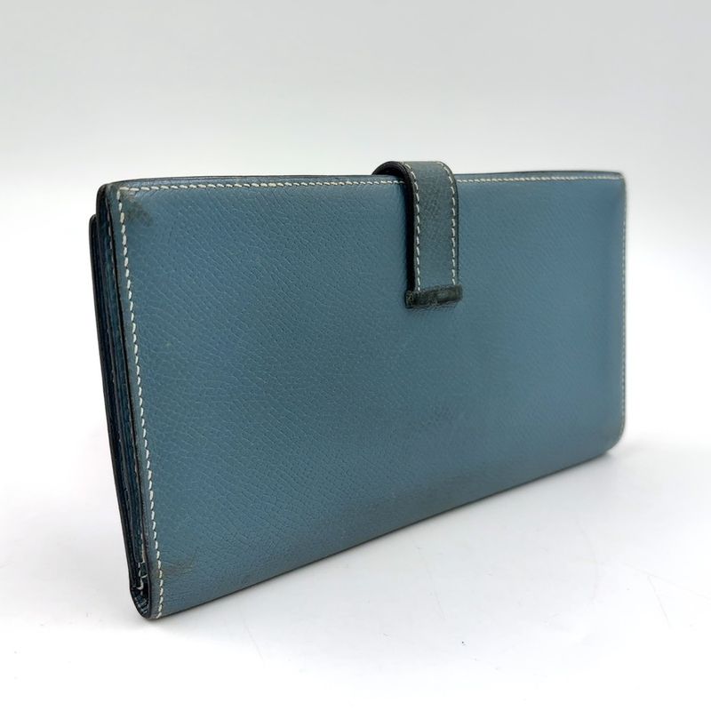 Hermes Bearn Soufflé □A Engraved Leather Blue Wallet Silver