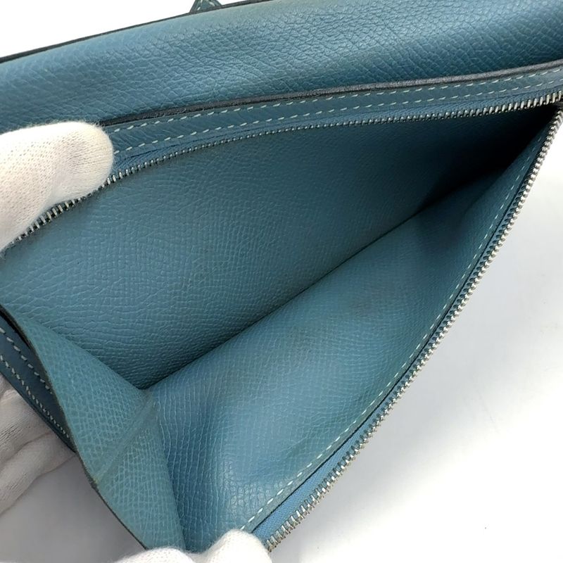 Hermes Bearn Soufflé □A Engraved Leather Blue Wallet Silver