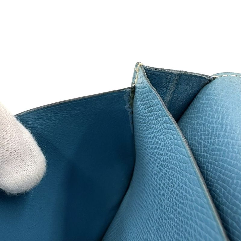 Hermes Bearn Soufflé □A Engraved Leather Blue Wallet Silver